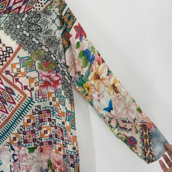 Johnny Was Large Multicolor Floral Boho Tunic Mixed Print Kimono Rayon V-Neck - Picture 9 of 11